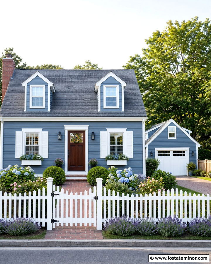 Slate Blue Cape Cod With Picket Fence - 30 Slate Blue House Design With Landscaping Ideas