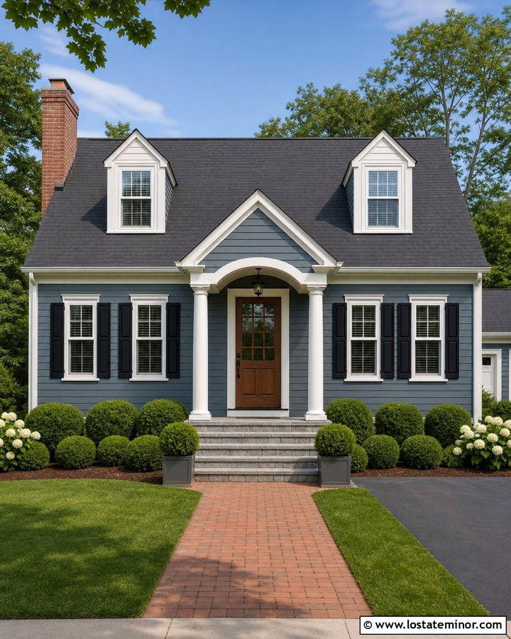 Slate Blue Cape Cod With Portico Columns - 30 Slate Blue House Design With Porch Columns Ideas