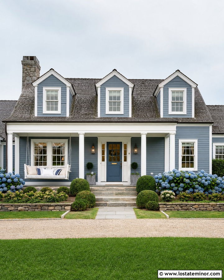 Slate Blue Cape Cod With Wicker Swing - 30 Slate Blue House Design With Swing Ideas