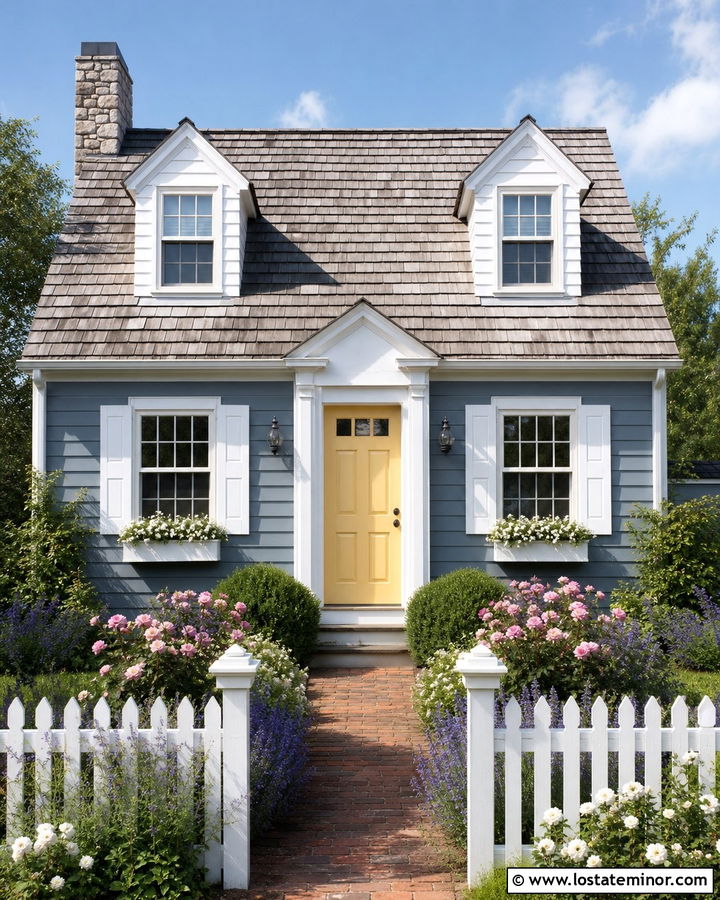 Slate Blue Cape Cod With Yellow Door And Cottage Garden - 30 Slate Blue House Design With Front Yard Ideas