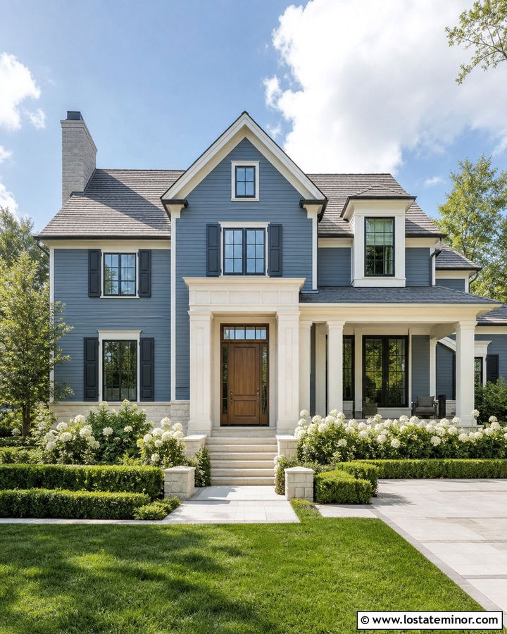 Slate Blue Clapboard With White Stone - 30 Slate Blue House Design With Stone Accents Ideas