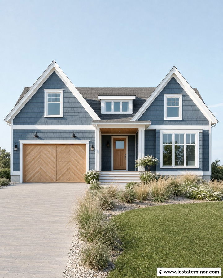 Slate Blue Coastal House With Chevron Wood Garage Door - 30 Slate Blue House Design With Garage Door Ideas