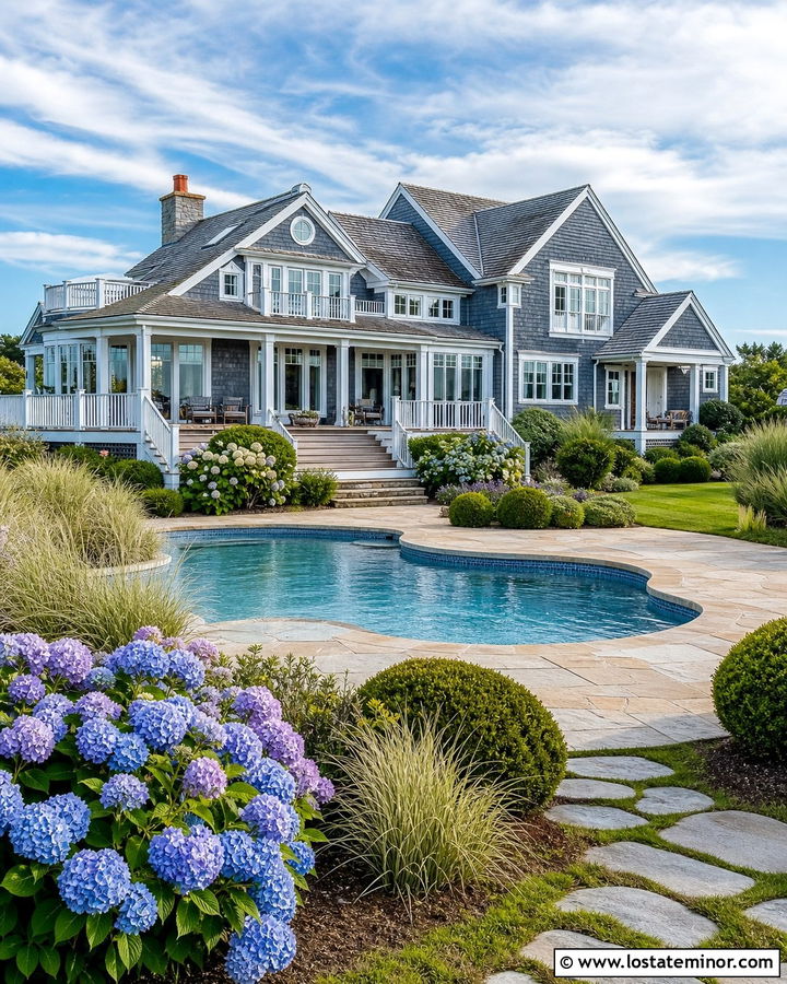 Slate Blue Coastal House With Freeform Pool - 30 Slate Blue House Design With Swimming Pool Ideas