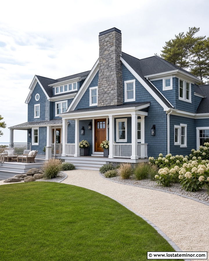 Slate Blue Coastal House With Gray Stone Chimney - 30 Slate Blue House Design With Chimney Ideas