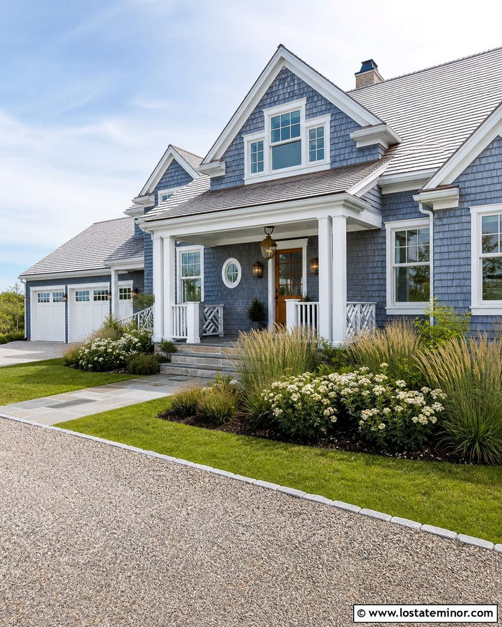 Slate Blue Coastal House With Hanging Lanterns - 30 Slate Blue House Design With Lighting Ideas
