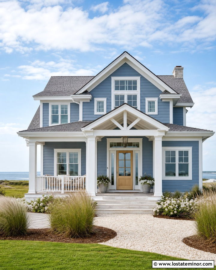 Slate Blue Coastal House With Open Portico - 30 Slate Blue House Design With Portico Ideas