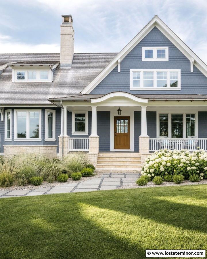 Slate Blue Coastal House With Pale Limestone - 30 Slate Blue House Design With Stone Accents Ideas