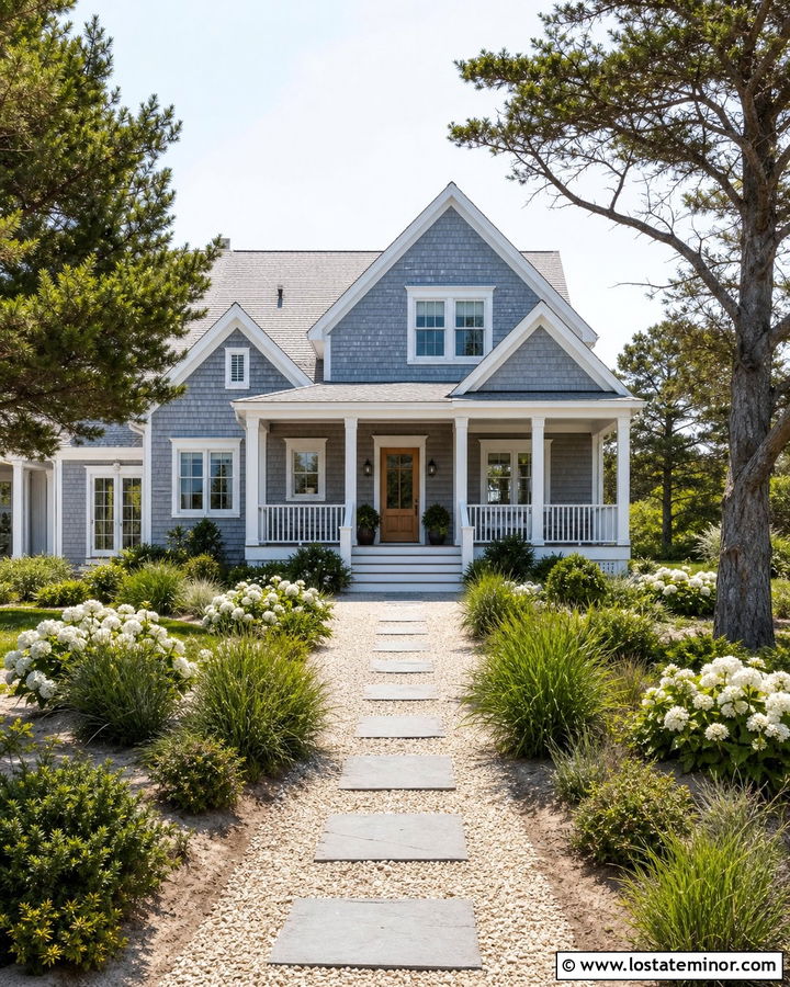 Slate Blue Coastal House With Shell Gravel Walkway - 30 Slate Blue House Design With Walkway Ideas
