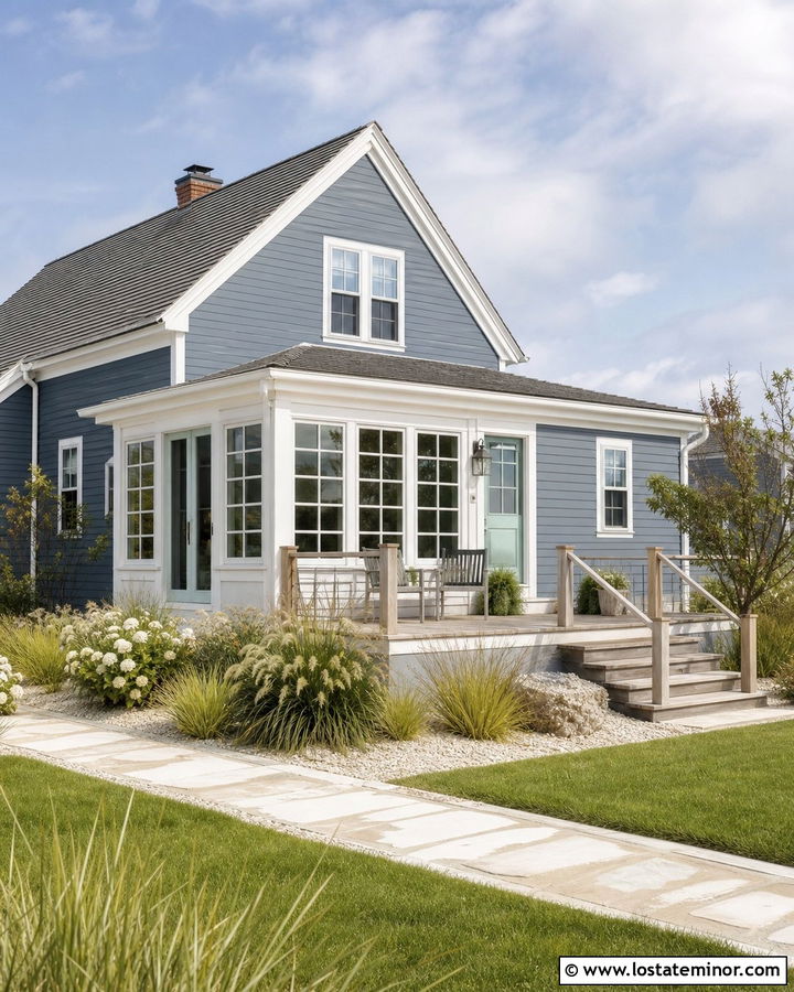 Slate Blue Coastal House With Sunroom Deck - 30 Slate Blue House Design With Sunroom Ideas
