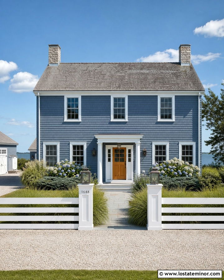 Slate Blue Coastal House With White Board Fence - 30 Slate Blue House Design With Fence Ideas