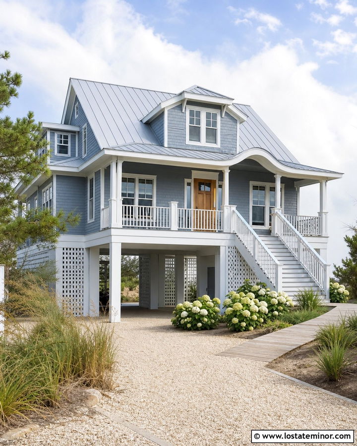 Slate Blue Coastal House With White Carport - 30 Slate Blue House Design With Carport Ideas