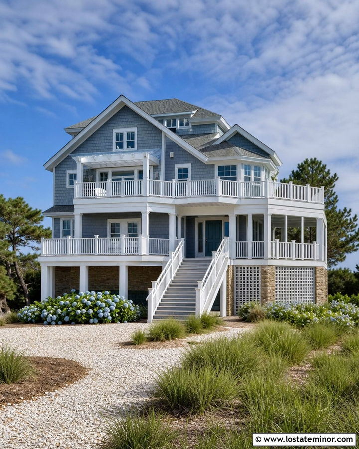 Slate Blue Coastal House With White Deck Railings - 30 Slate Blue House Design With Railings Ideas