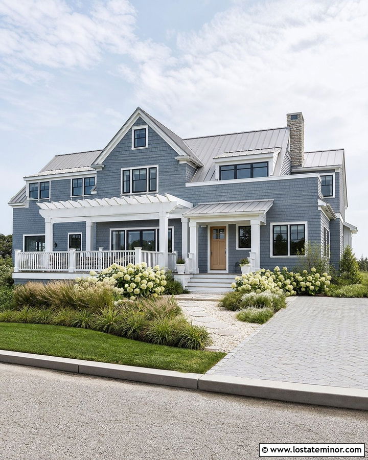 Slate Blue Coastal House With White Pergola - 30 Slate Blue House Design With Pergola Ideas