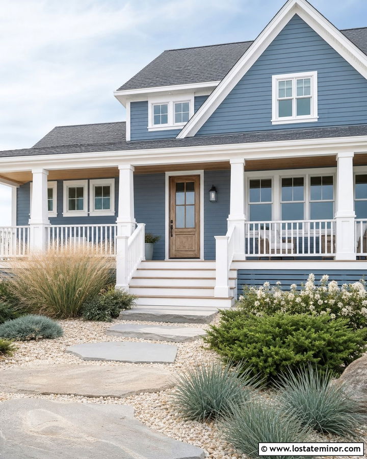 Slate Blue Coastal House With White Porch And Beach Grass - 30 Slate Blue House Design With Front Yard Ideas
