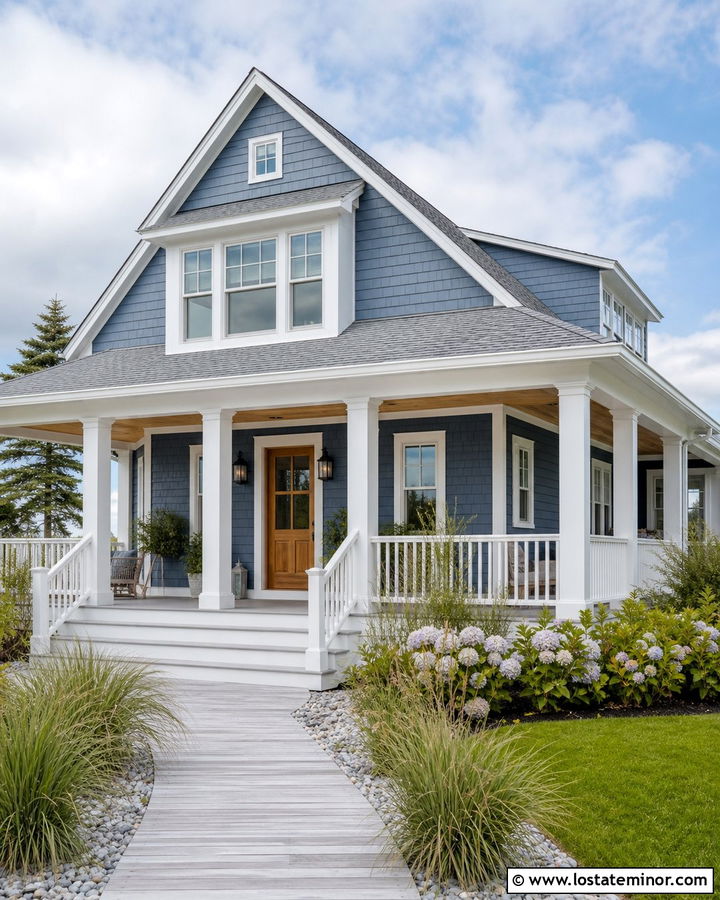 Slate Blue Coastal House With White Porch Columns - 30 Slate Blue House Design With Porch Columns Ideas