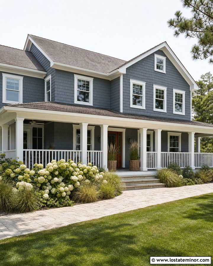 Slate Blue Coastal House With White Porch - 30 Slate Blue House Design With Siding Ideas