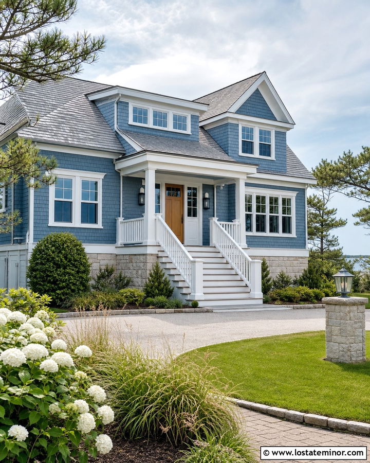 Slate Blue Coastal House With White Railings - 30 Slate Blue House Design With Accents Ideas