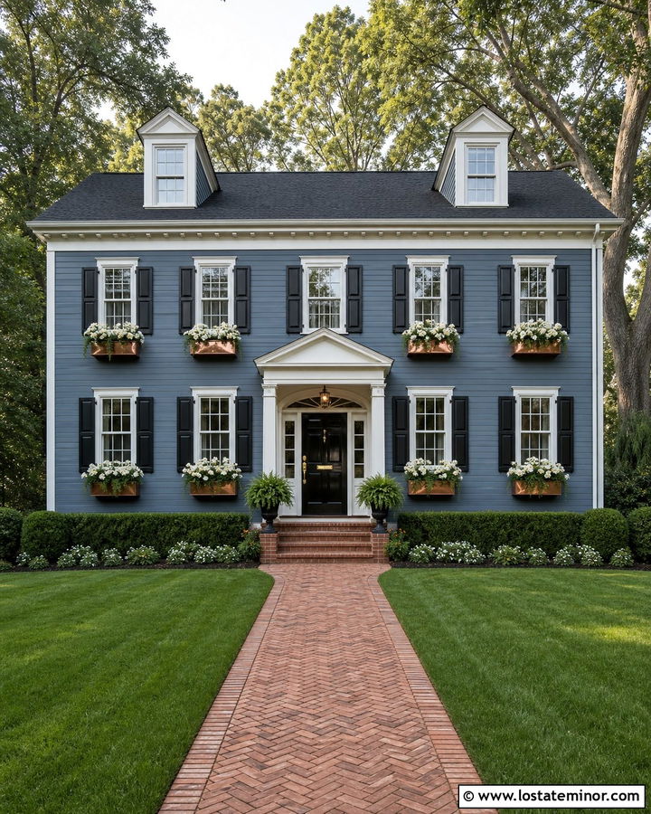 Slate Blue Colonial House With Copper Window Boxes - 30 Slate Blue House Design With Window Boxes Ideas