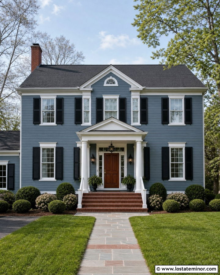 Slate Blue Colonial House With Front Porch - 30 Slate Blue House Design With Front Porch Ideas