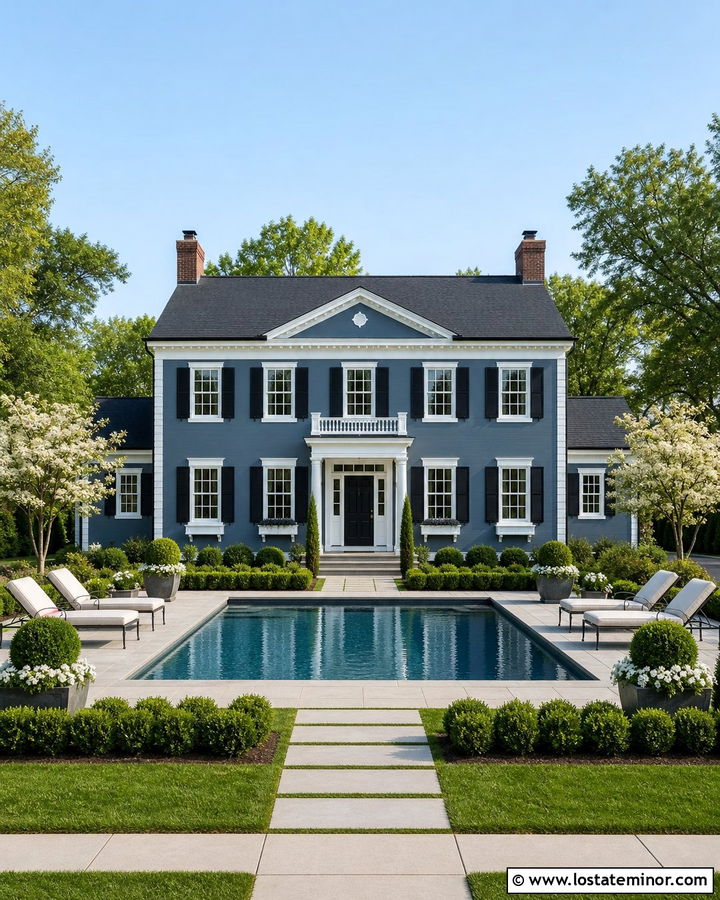 Slate Blue Colonial House With Symmetrical Pool - 30 Slate Blue House Design With Swimming Pool Ideas