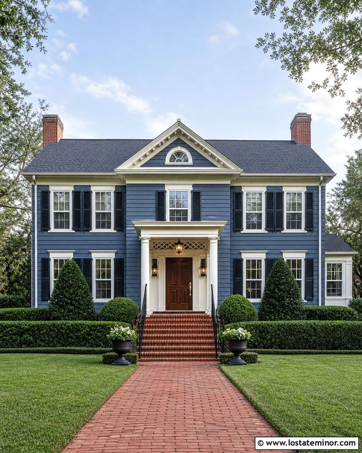 Slate Blue Colonial With Black Iron Railings - 30 Slate Blue House Design With Railings Ideas