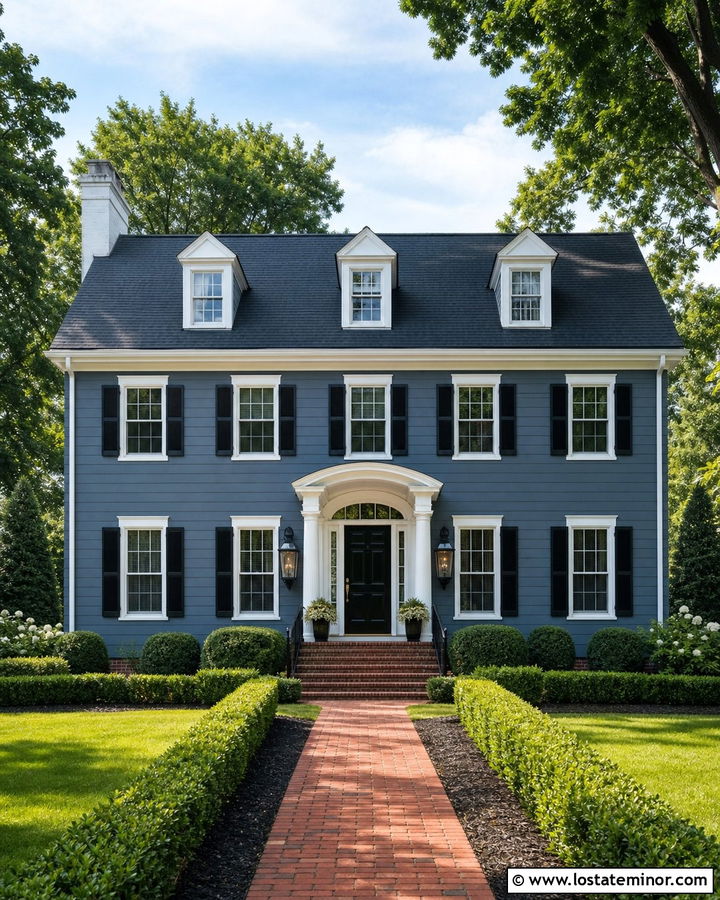 Slate Blue Colonial With Black Lanterns - 30 Slate Blue House Design With Light Fixtures Ideas