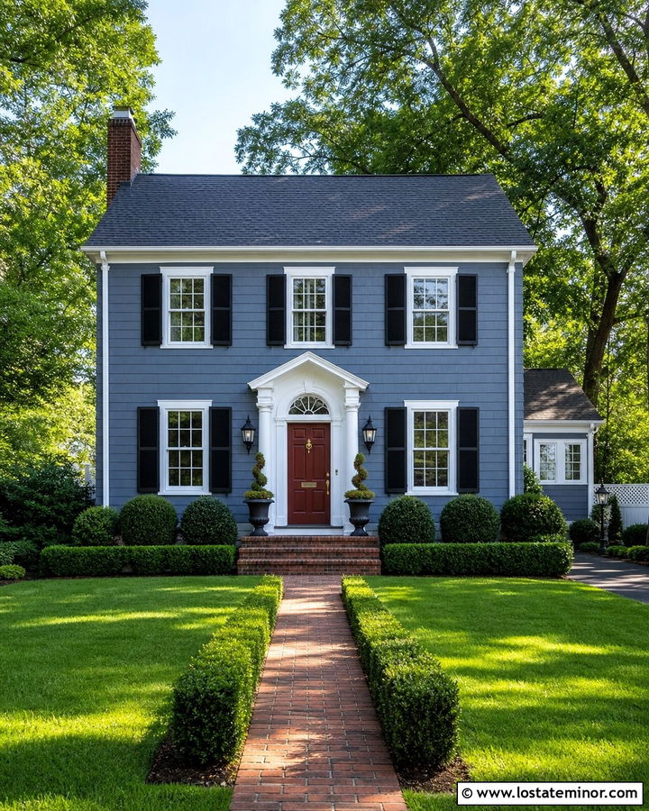 Slate Blue Colonial With Black Shutters And Red Door - 30 Slate Blue House Design With Accents Ideas