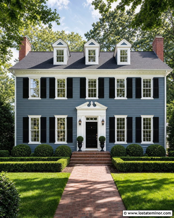 Slate Blue Colonial With Black Shutters - 30 Slate Blue House Design With Siding Ideas