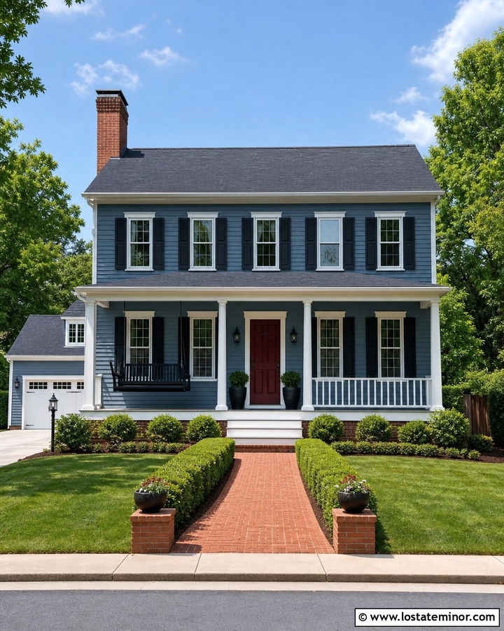 Slate Blue Colonial With Black Swing - 30 Slate Blue House Design With Swing Ideas