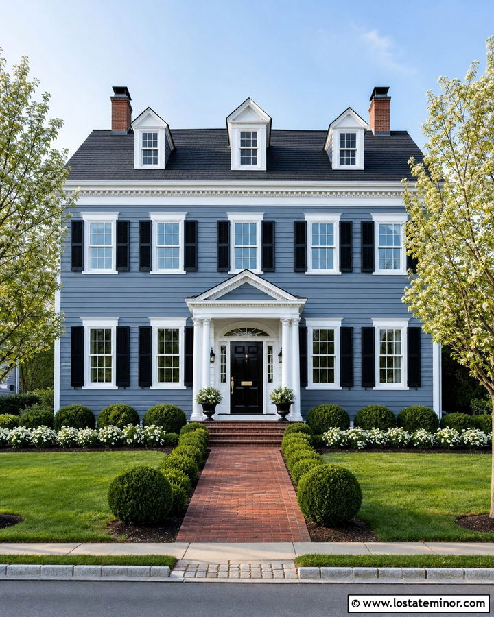 Slate Blue Colonial With Boxwood Hedges - 30 Slate Blue House Design With Landscaping Ideas