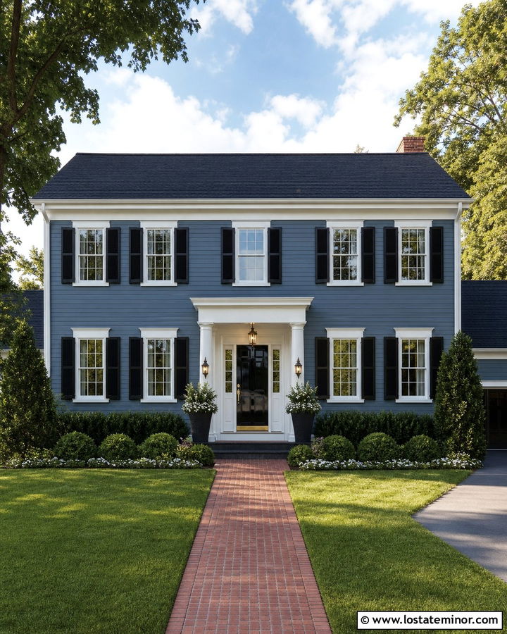Slate Blue Colonial With Brass Lantern Lighting - 30 Slate Blue House Design With Lighting Ideas