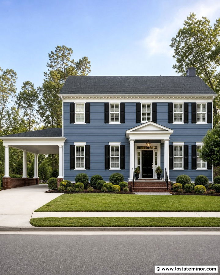 Slate Blue Colonial With Brick Carport - 30 Slate Blue House Design With Carport Ideas
