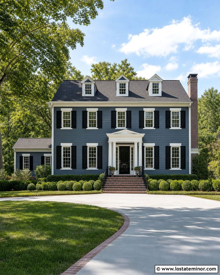 Slate Blue Colonial With Concrete Driveway - 30 Slate Blue House Design With Driveway Ideas