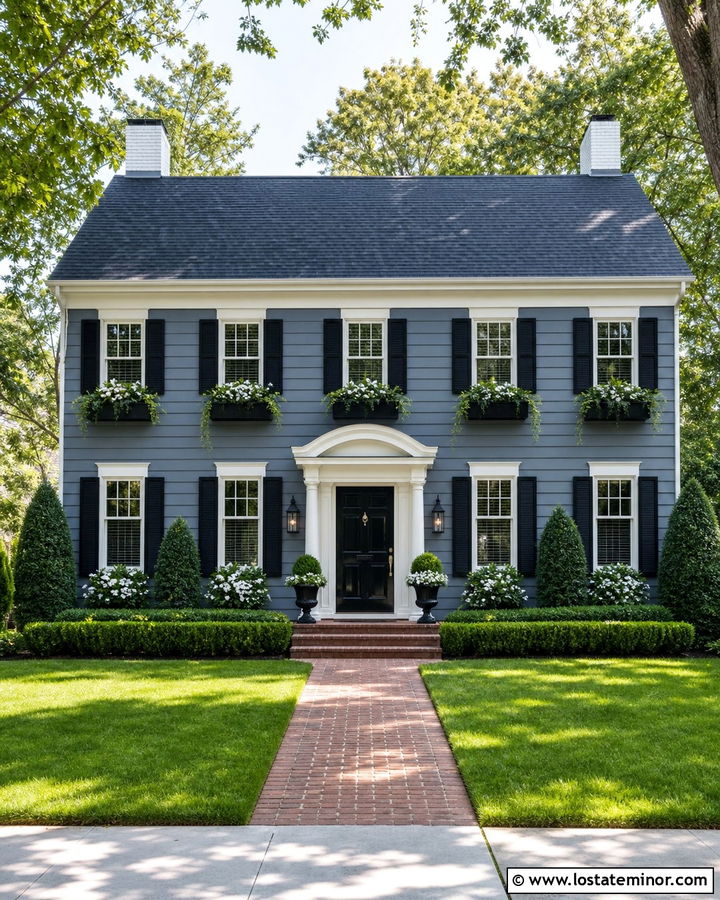 Slate Blue Colonial With Evergreen Window Boxes - 30 Slate Blue House Design With Window Boxes Ideas