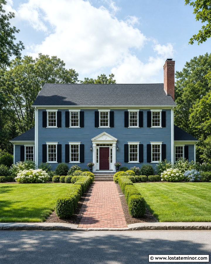 Slate Blue Colonial With Red Brick Chimney - 30 Slate Blue House Design With Chimney Ideas