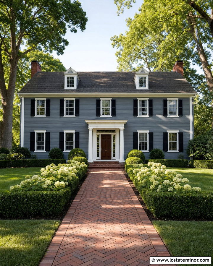 Slate Blue Colonial With Red Brick Walkway - 30 Slate Blue House Design With Walkway Ideas