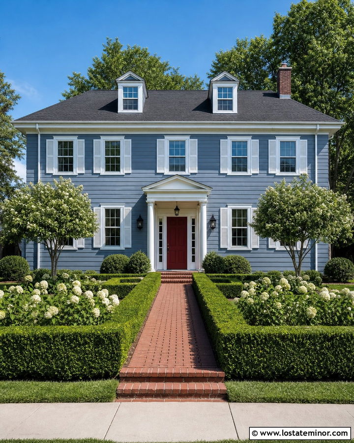 Slate Blue Colonial With Red Door And Boxwood Hedge - 30 Slate Blue House Design With Front Yard Ideas