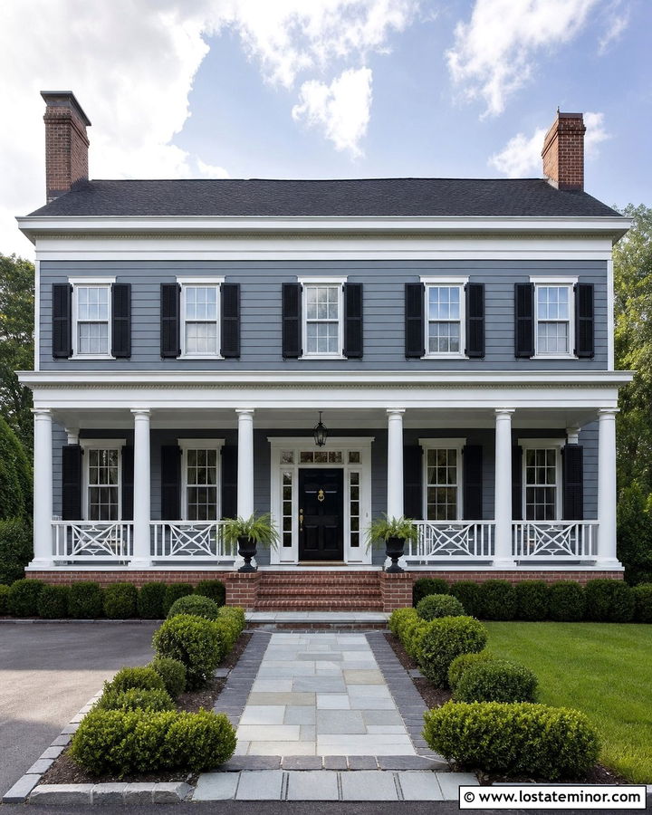 Slate Blue Colonial With Round White Columns - 30 Slate Blue House Design With Porch Columns Ideas