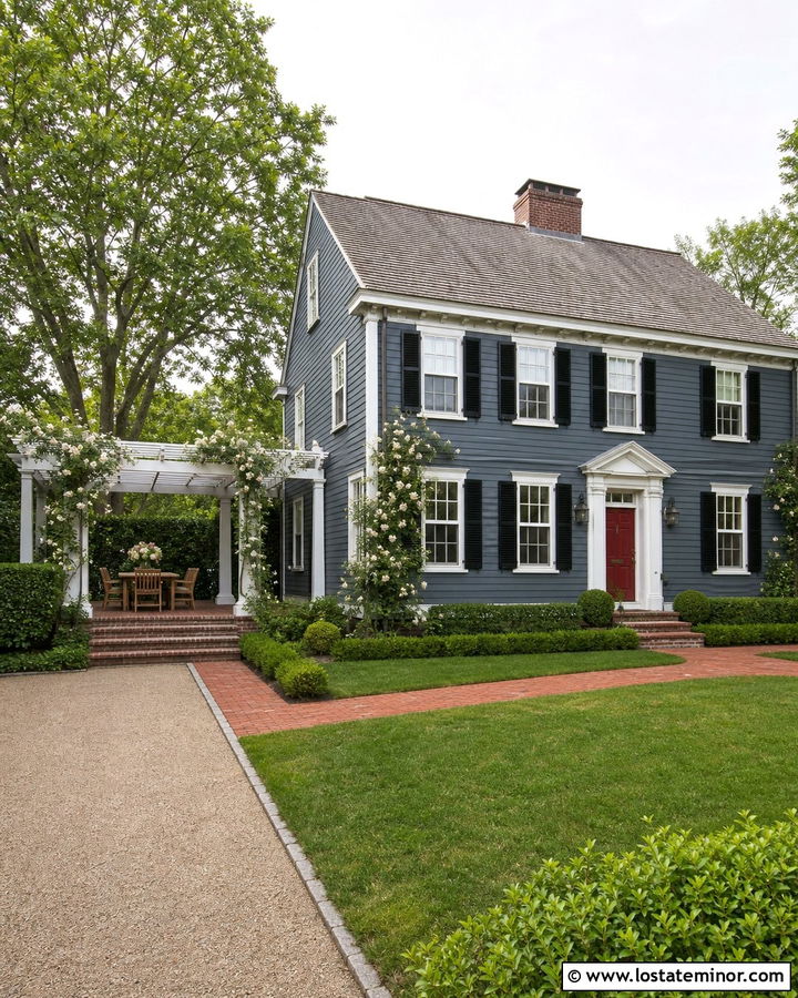 Slate Blue Colonial With Side Pergola - 30 Slate Blue House Design With Pergola Ideas