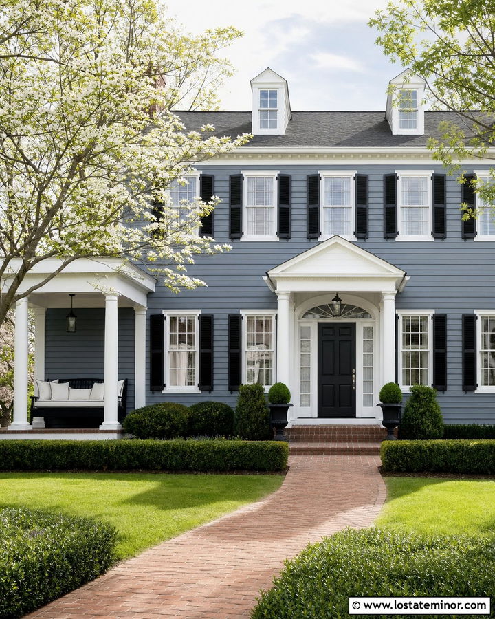 Slate Blue Colonial With Side Porch Daybed - 30 Slate Blue House Design With Daybed Ideas