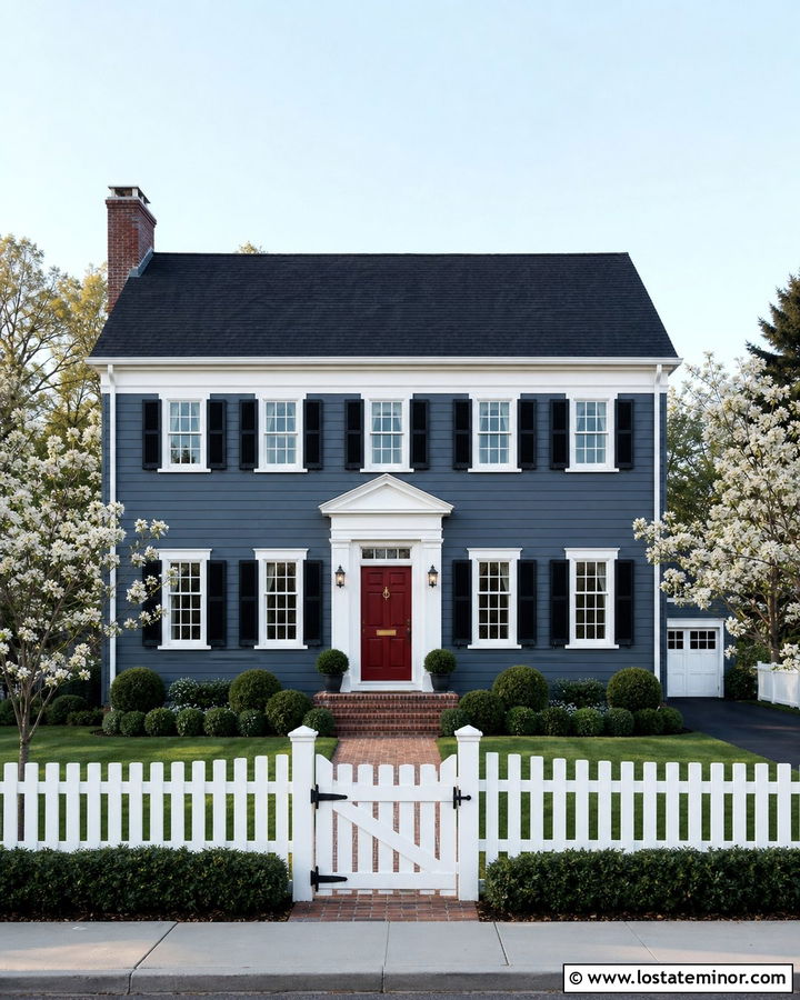 Slate Blue Colonial With White Fence - 30 Slate Blue House Design With Fence Ideas