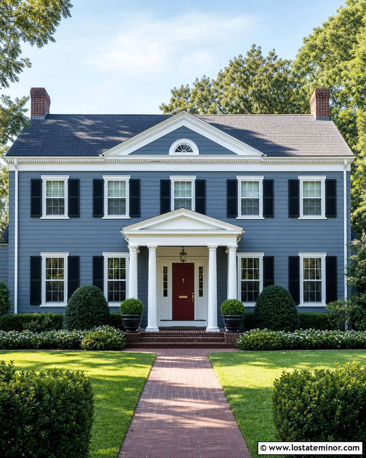 Slate Blue Colonial With White Gabled Portico - 30 Slate Blue House Design With Portico Ideas