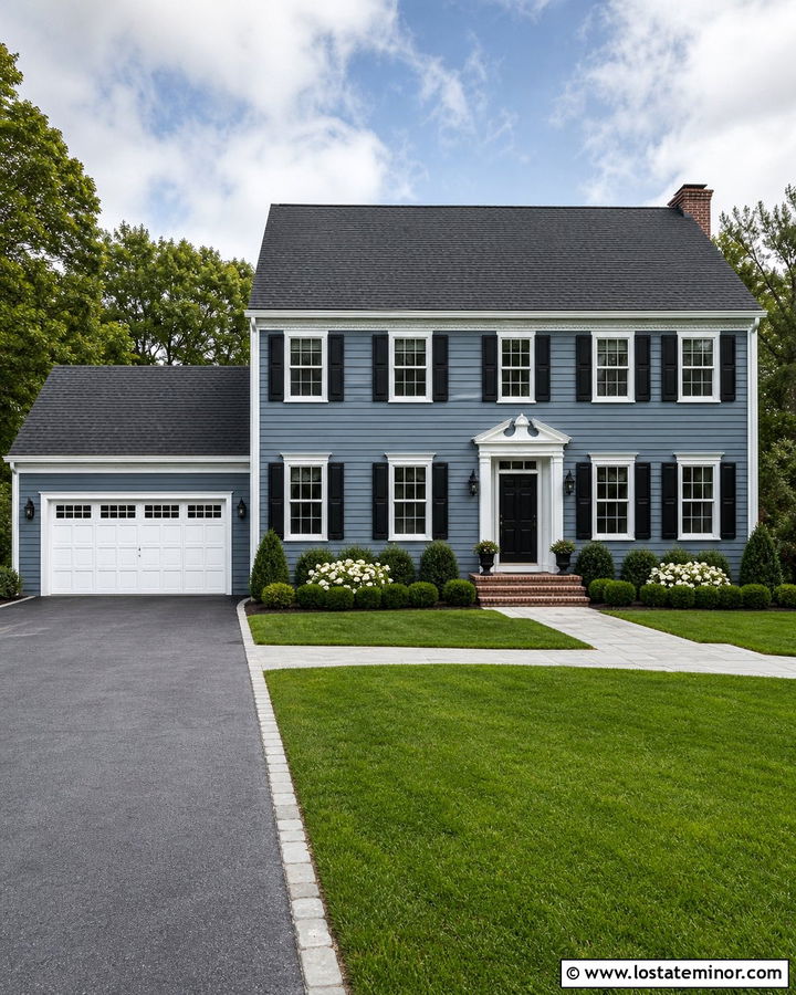 Slate Blue Colonial With White Garage Door - 30 Slate Blue House Design With Garage Door Ideas