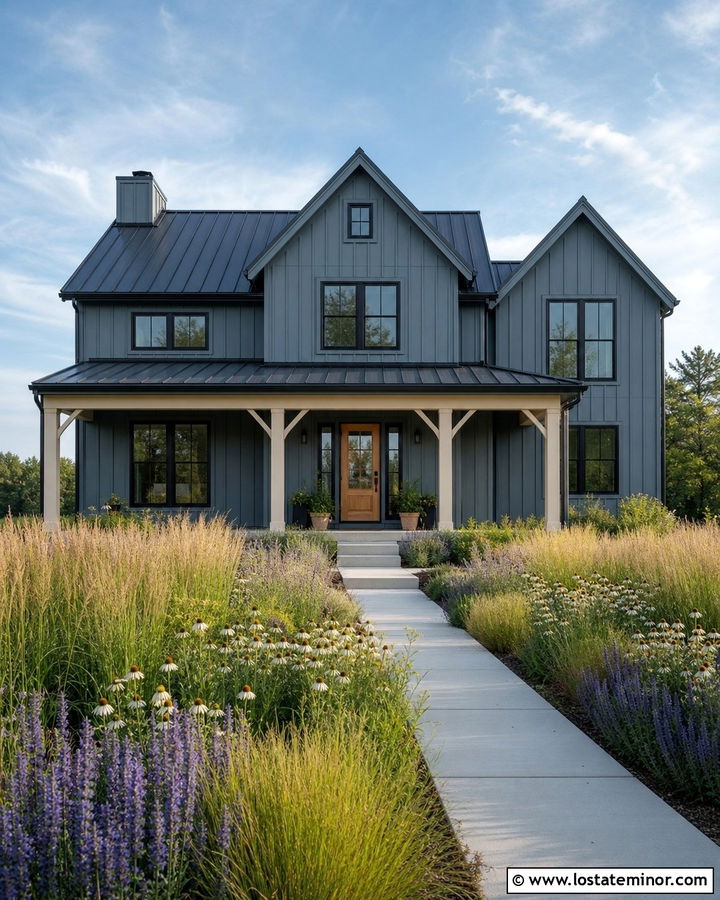 Slate Blue Contemporary Farmhouse With Black Roof And Meadow Yard - 30 Slate Blue House Design With Front Yard Ideas