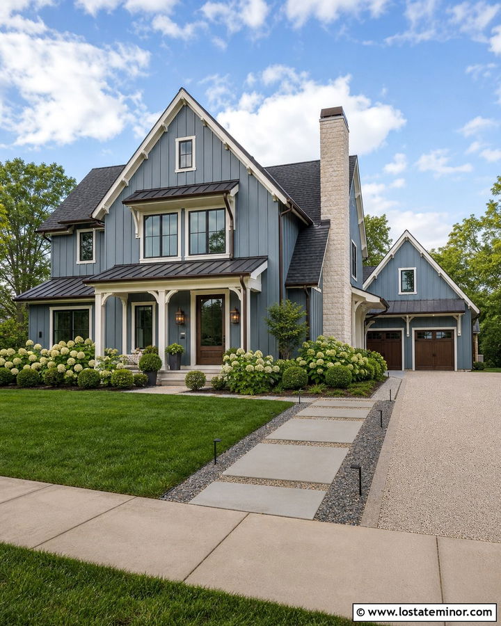 Slate Blue Contemporary Farmhouse With Bronze Storm Door - 30 Slate Blue House Design With Storm Door Ideas