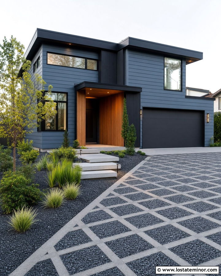 Slate Blue Contemporary Home With Permeable Driveway - 30 Slate Blue House Design With Driveway Ideas