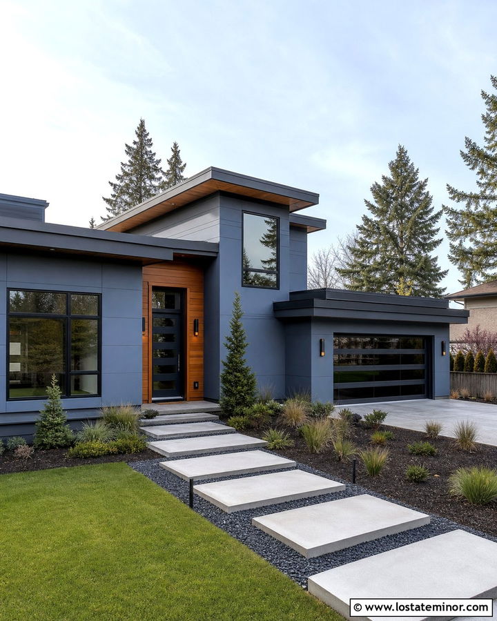 Slate Blue Contemporary House With Floating Pavers - 30 Slate Blue House Design With Walkway Ideas