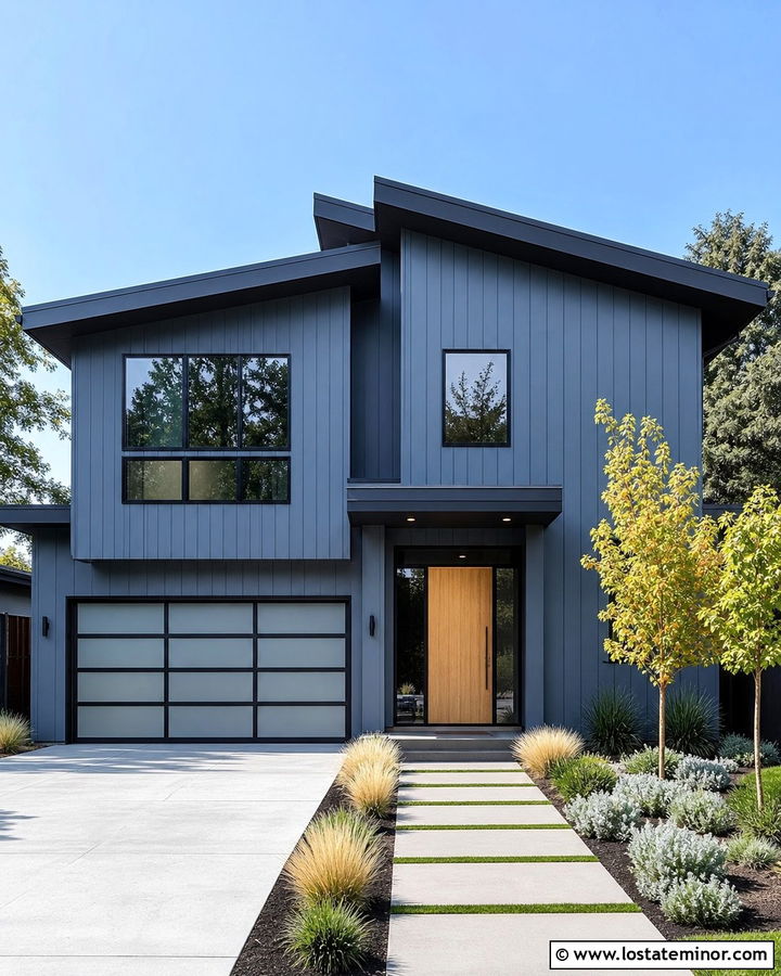 Slate Blue Contemporary House With Glass Garage Door - 30 Slate Blue House Design With Garage Door Ideas