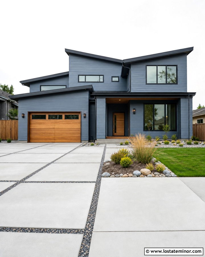 Slate Blue Contemporary House With Gravel Joint Driveway - 30 Slate Blue House Design With Driveway Ideas