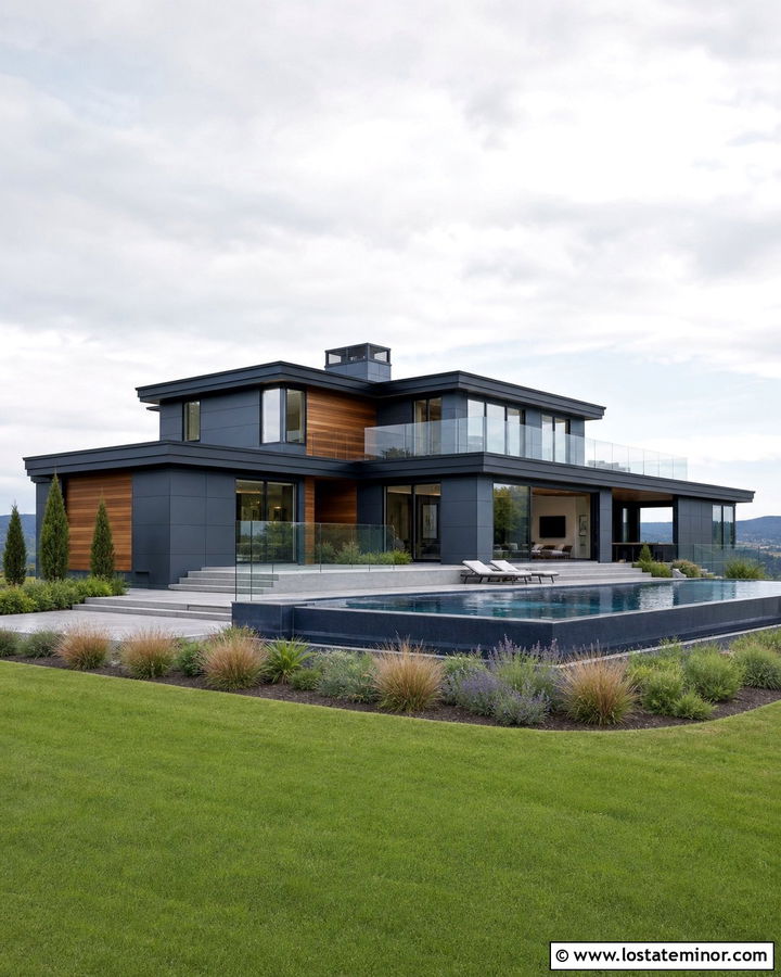 Slate Blue Contemporary House With Infinity Pool - 30 Slate Blue House Design With Swimming Pool Ideas